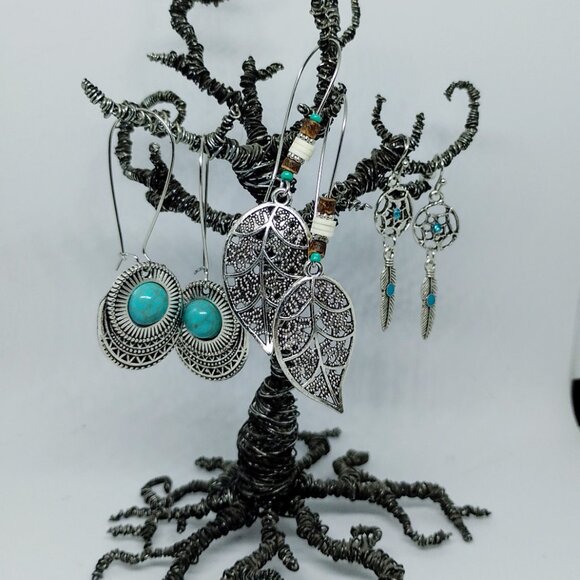 SALE!! 3 Pair BOHO ETHNIC EARRINGS, Silvery, Faux Turq BLUE BUNNY'S BOHO BAUBLES - Picture 4 of 11